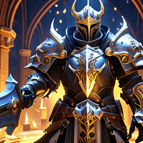 Home 13 A powerful Seven Knights hero surrounded by glowing, interconnected gear pieces forming a perfectly synergistic set. Intricate details of armor and weapon merging seamlessly with skill effects, symbolizing optimal build and stat balance. High fantasy art style, vibrant, detailed.