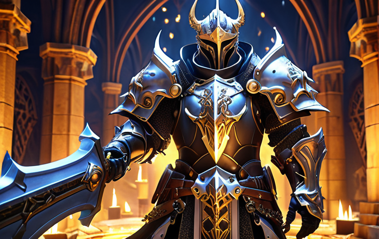 A powerful Seven Knights hero surrounded by glowing, interconnected gear pieces forming a perfectly synergistic set. Intricate details of armor and weapon merging seamlessly with skill effects, symbolizing optimal build and stat balance. High fantasy art style, vibrant, detailed.