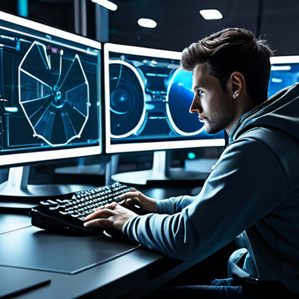 A focused professional gamer, fully clothed in a modest, high-tech gaming outfit, seated at a futuristic, ergonomic desk. Multiple holographic screens display complex data interfaces from a strategy game, showing detailed character stats, gear configurations, and talent trees, alongside a prominent but not singular "Combat Power" numerical display. The gamer is interacting thoughtfully with the interface, pointing with a well-formed hand at specific data points, emphasizing deep strategic analysis. The environment is clean and modern, with subtle ambient lighting. Perfect anatomy, correct proportions, natural pose, proper finger count, safe for work, appropriate content, fully clothed, professional.