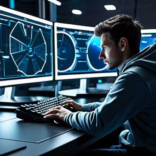 Home 8 A focused professional gamer, fully clothed in a modest, high-tech gaming outfit, seated at a futuristic, ergonomic desk. Multiple holographic screens display complex data interfaces from a strategy game, showing detailed character stats, gear configurations, and talent trees, alongside a prominent but not singular "Combat Power" numerical display. The gamer is interacting thoughtfully with the interface, pointing with a well-formed hand at specific data points, emphasizing deep strategic analysis. The environment is clean and modern, with subtle ambient lighting. Perfect anatomy, correct proportions, natural pose, proper finger count, safe for work, appropriate content, fully clothed, professional.