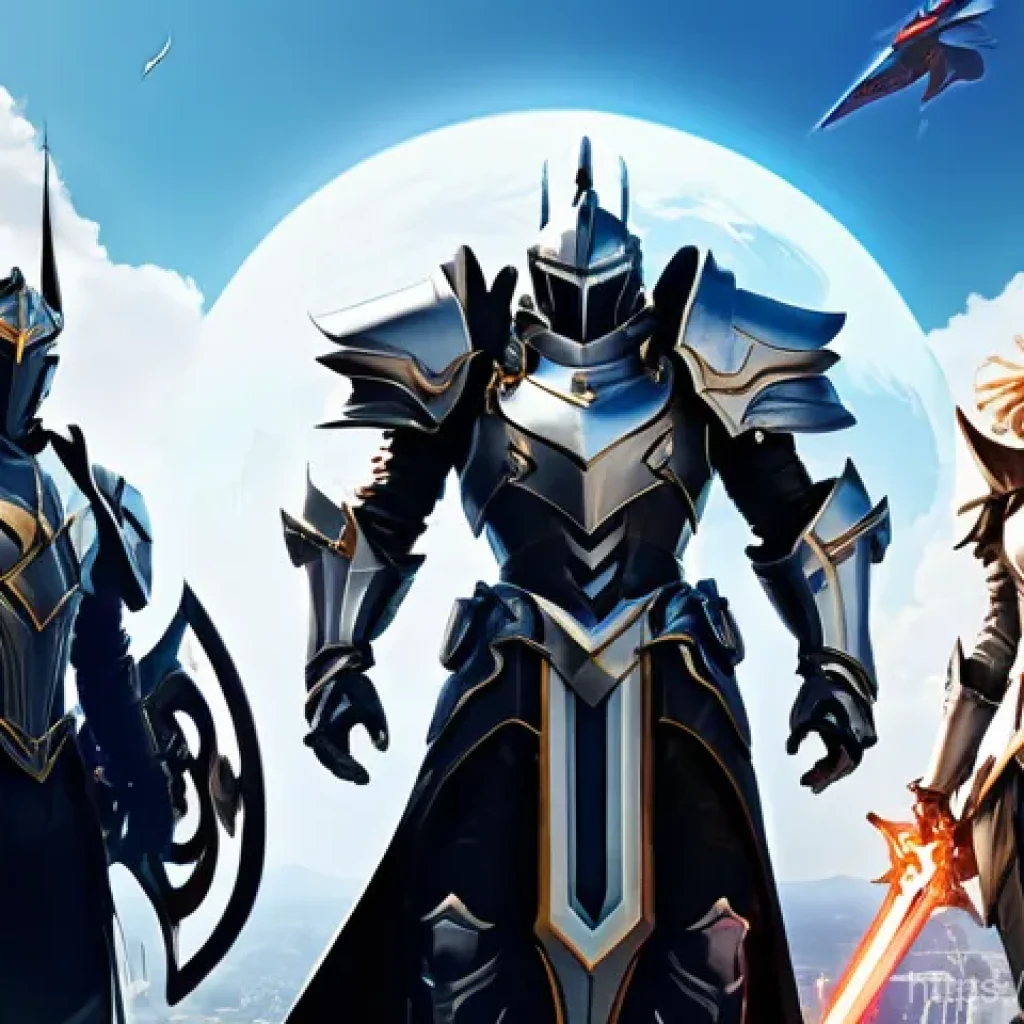 세븐나이츠 글로벌 서버 비교 - **Prompt:** A dynamic, heroic group of three to five iconic "Seven Knights Re:BIRTH" characters (e.g...