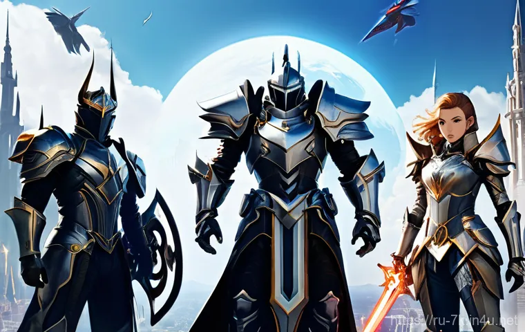 세븐나이츠 글로벌 서버 비교 - **Prompt:** A dynamic, heroic group of three to five iconic "Seven Knights Re:BIRTH" characters (e.g...
