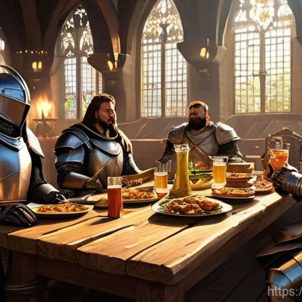 세븐나이츠 길드 시스템 활용법 - **Prompt 1: Guild Victory Feast**
    An epic fantasy illustration depicting a diverse group of 6-7 ...