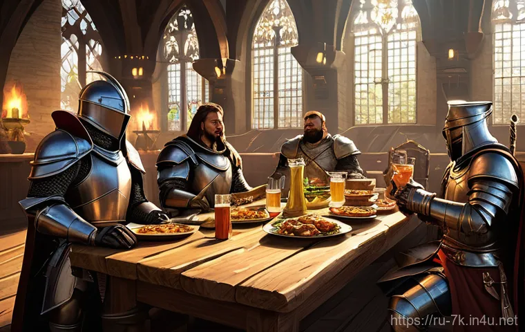 세븐나이츠 길드 시스템 활용법 - **Prompt 1: Guild Victory Feast**
An epic fantasy illustration depicting a diverse group of 6-7 ...