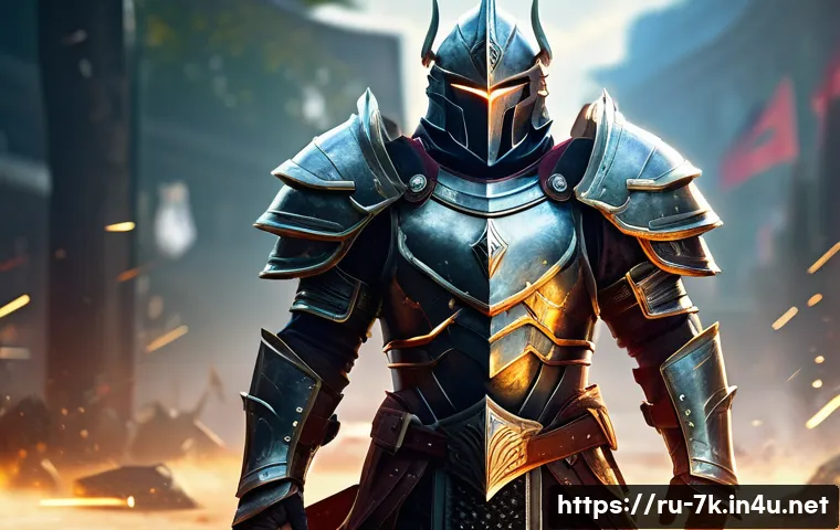 세븐나이츠 장비 옵션별 효과 - A powerful fantasy warrior hero standing confidently on a battlefield, wearing detailed armor with g...