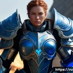 Home 20 세븐나이츠 추천 영웅 가이드 - A heroic female tank warrior named Alisa, clad in ornate, heavy armor with glowing blue accents, sta...
