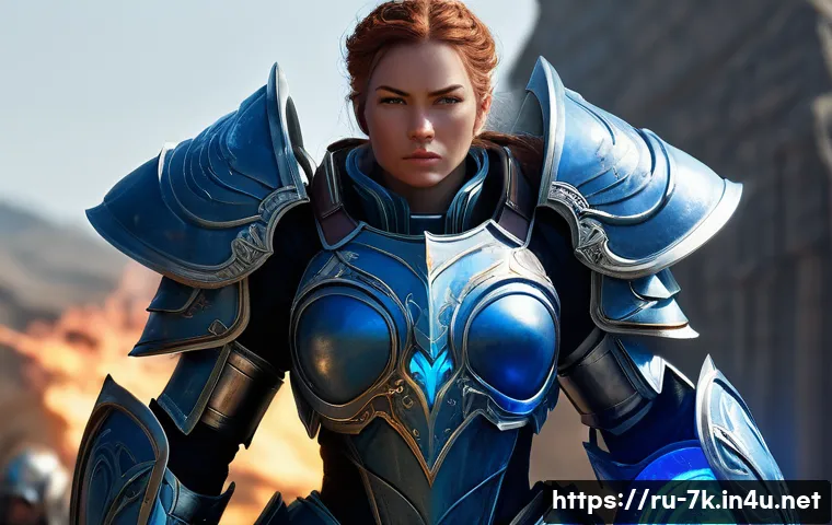 세븐나이츠 추천 영웅 가이드 - A heroic female tank warrior named Alisa, clad in ornate, heavy armor with glowing blue accents, sta...