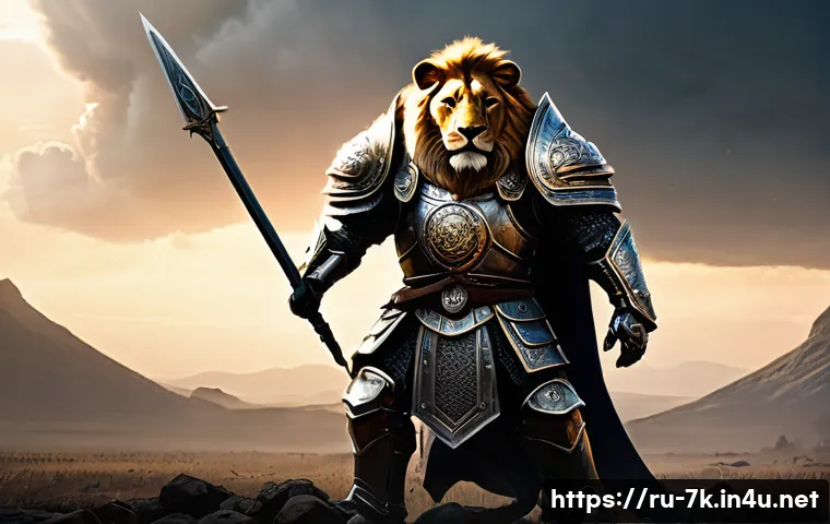 세븐나이츠 초보자 필수 영웅 - A sturdy fantasy warrior tank character standing confidently on a battlefield at dawn, wearing detai...