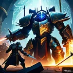 Home 18 세븐나이츠 영웅 진화 과정 - A dynamic fantasy RPG hero team battle scene featuring a balanced squad: two heavily armored tank wa...