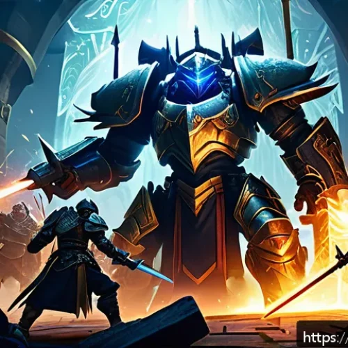 Home 30 세븐나이츠 영웅 진화 과정 - A dynamic fantasy RPG hero team battle scene featuring a balanced squad: two heavily armored tank wa...