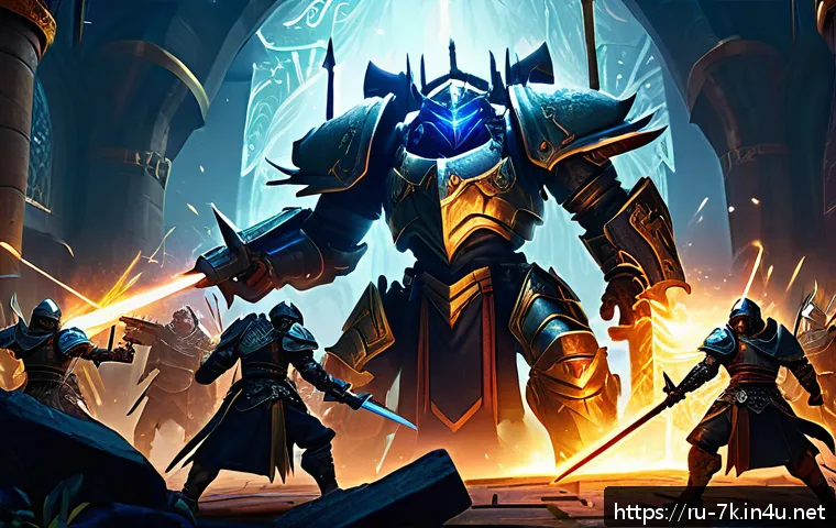 세븐나이츠 영웅 진화 과정 - A dynamic fantasy RPG hero team battle scene featuring a balanced squad: two heavily armored tank wa...