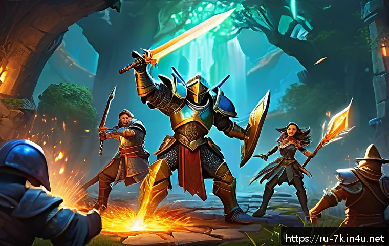 세븐나이츠 대규모 업데이트 정보 - A dynamic battle scene in a fantasy RPG setting showcasing diverse heroes with detailed armor and un...