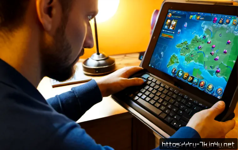 세븐나이츠 전투 기록 분석 - Photorealistic over-the-shoulder view of a Russian gamer analyzing a fantasy mobile battle replay on...
